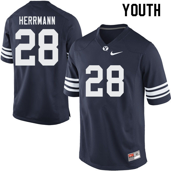 Youth #28 Chase Herrmann BYU Cougars College Football Jerseys Sale-Navy